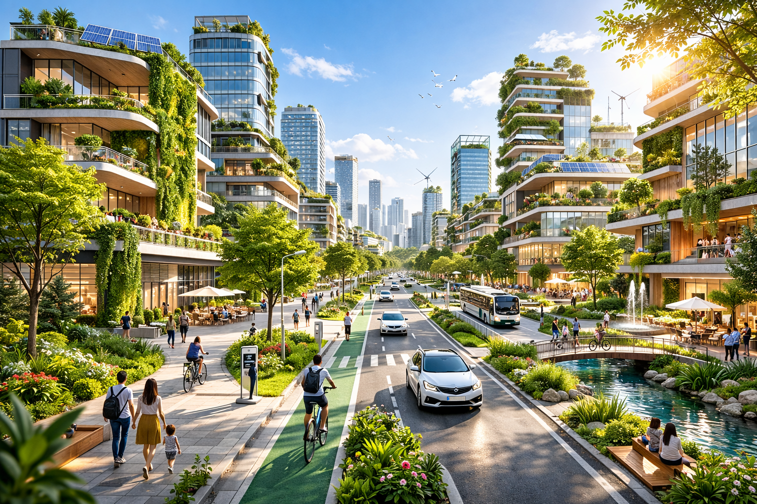 Futuristic green city with vertical gardens, clean air, and blue skies